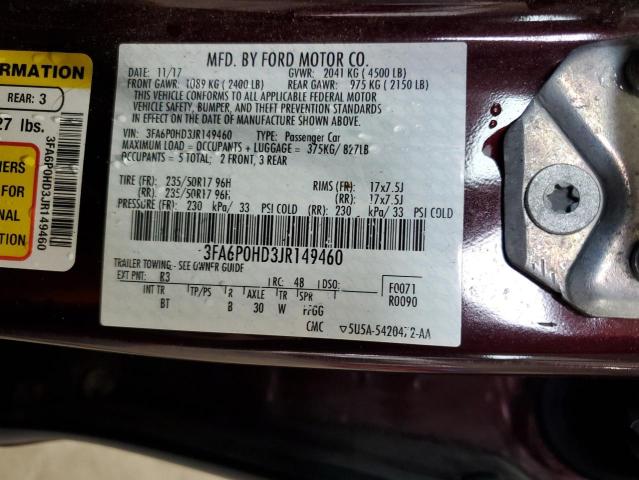 3FA6P0HD3JR149460 - 2018 FORD FUSION SE Бордовый фото 12