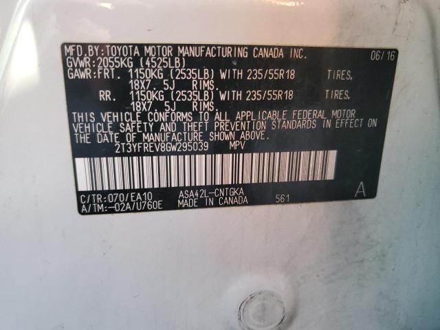 2T3YFREV8GW295039 - 2016 TOYOTA RAV4 LIMITED WHITE photo 13