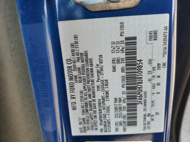 3FA6P0H78JR109854 - 2018 FORD FUSION SE BLUE photo 12