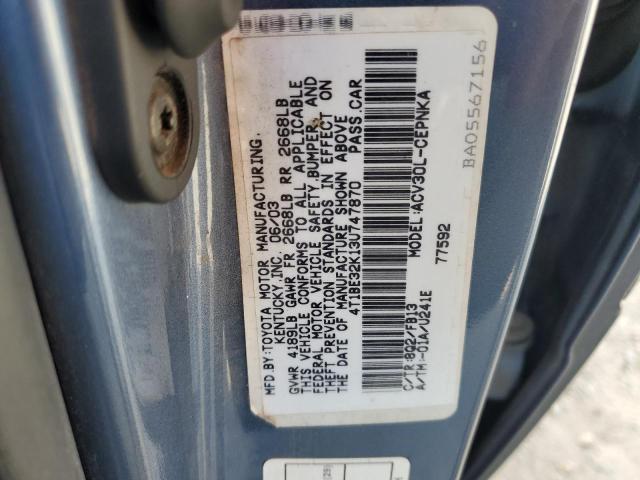 4T1BE32K13U747870 - 2003 TOYOTA CAMRY LE BLUE photo 12