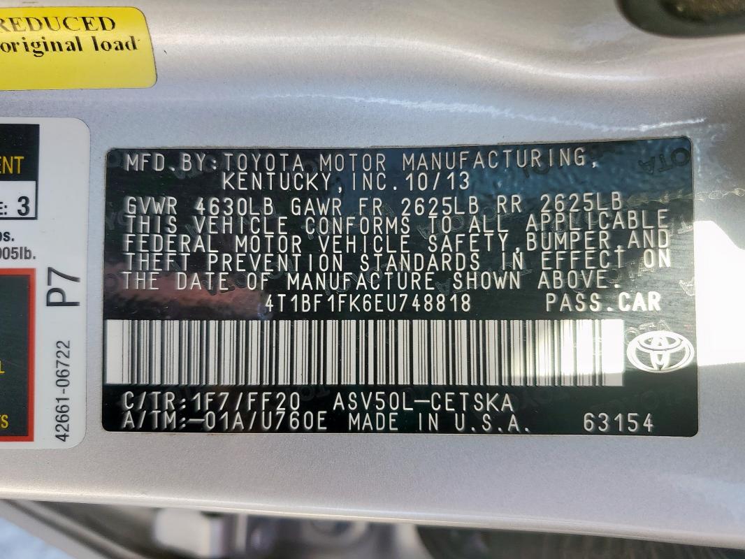 4T1BF1FK6EU748818 - 2014 TOYOTA CAMRY L 银色 照片 12