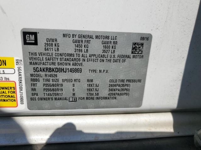 5GAKRBKD8HJ149869 - 2017 BUICK ENCLAVE WHITE photo 13