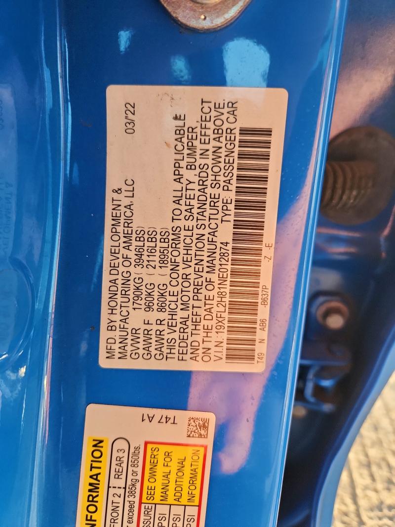 19XFL2H81NE012874 - 2022 HONDA CIVIC SPORT ლურჯი ფოტო 12