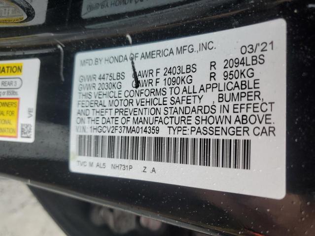 1HGCV2F37MA014359 - 2021 HONDA ACCORD SPORT 黑色 照片 12