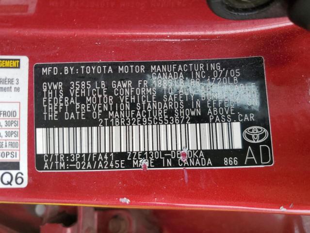 2T1BR32E95C553672 - 2005 TOYOTA COROLLA CE RED photo 12