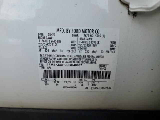 1FMSK8DH9LGC40687 - 2020 FORD EXPLORER XLT Blanc photo 13
