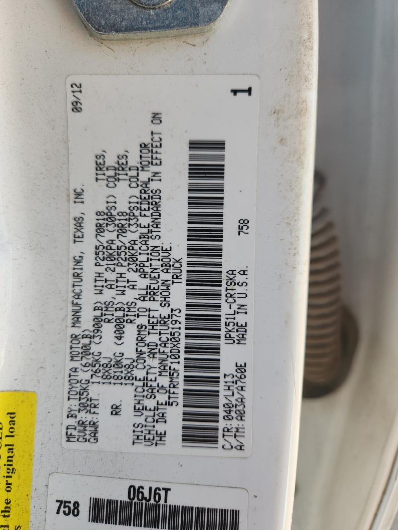 5TFRM5F10DX051973 - 2013 TOYOTA TUNDRA DOUBLE CAB SR5 WHITE photo 12