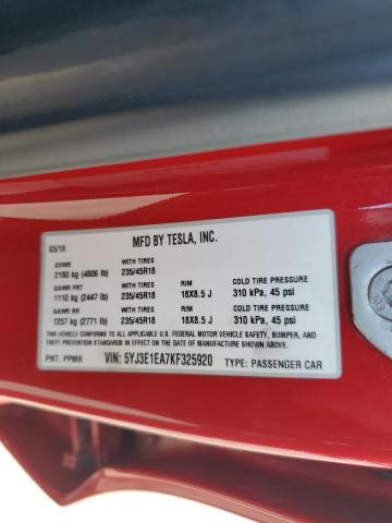 5YJ3E1EA7KF325920 - 2019 TESLA MODEL 3 Qırmızı foto 12