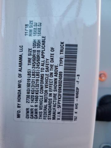 5FPYK3F69KB024089 - 2019 HONDA RIDGELINE RTL WHITE photo 12