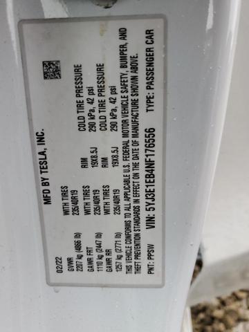 5YJ3E1EB4NF176556 - 2022 TESLA MODEL 3 თეთრი ფოტო 13