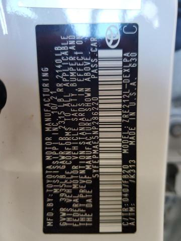 5YFEPMAE5NP286220 - 2022 TOYOTA COROLLA LE WHITE photo 12