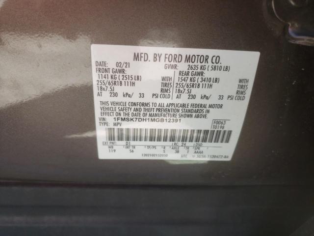 1FMSK7DH1MGB12391 - 2021 FORD EXPLORER XLT BROWN photo 13