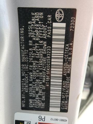 4T1BF1FK0CU583233 - 2012 TOYOTA CAMRY BASE SILVER photo 13