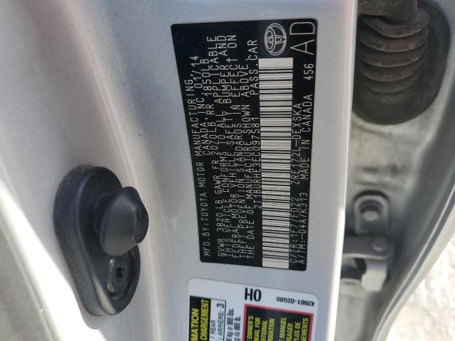 2T1BURHE3EC097581 - 2014 TOYOTA COROLLA L SILVER photo 12