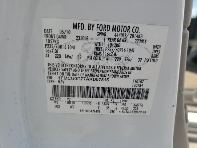 1FMCU0D77AKD07515 - 2010 FORD ESCAPE XLT Blanc photo 13