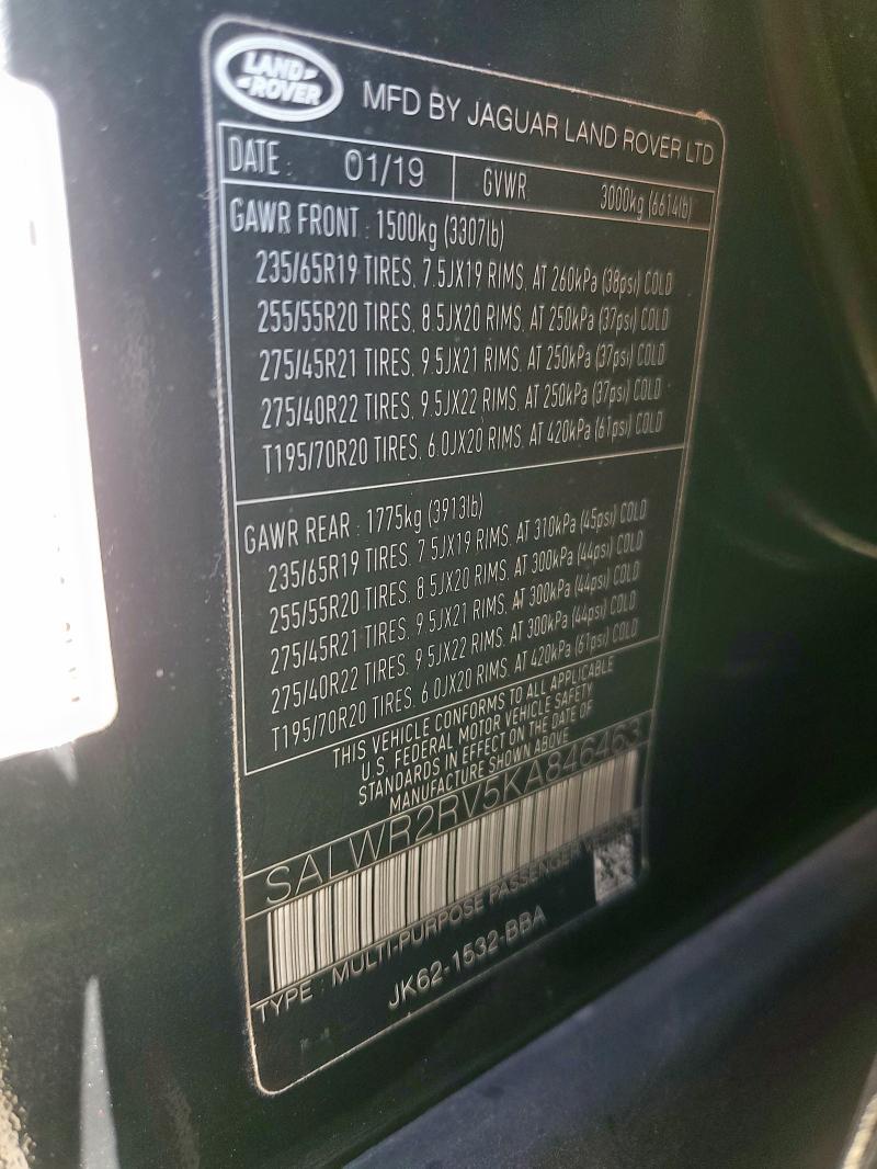 SALWR2RV5KA846463 - 2019 LAND ROVER RANGE ROVE HSE BLACK photo 12