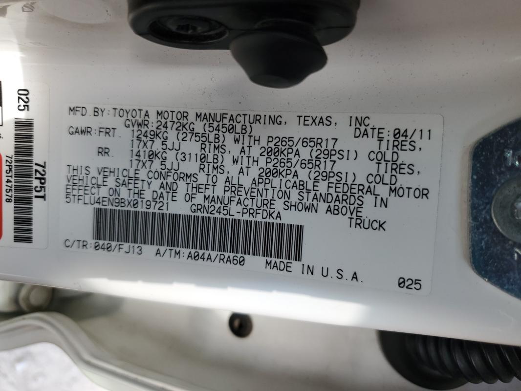 5TFLU4EN9BX019721 - 2011 TOYOTA TACOMA DOUBLE CAB WHITE photo 12