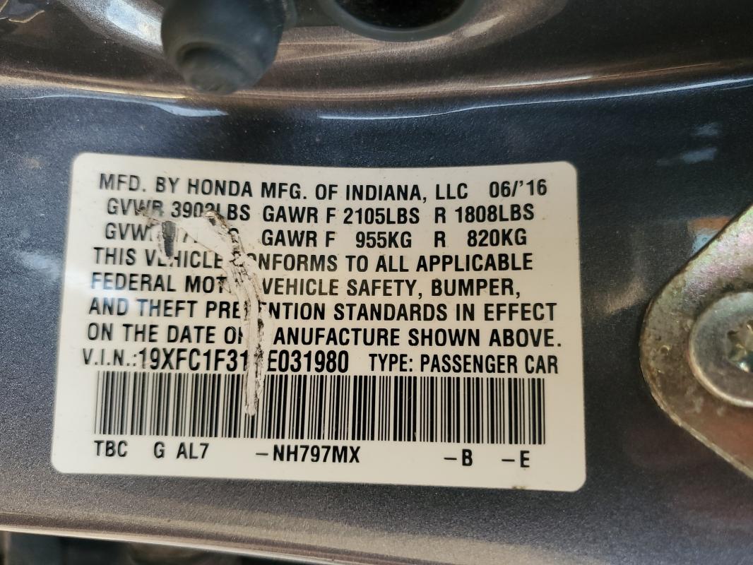 19XFC1F31GE031980 - 2016 HONDA CIVIC EX GRAY photo 12