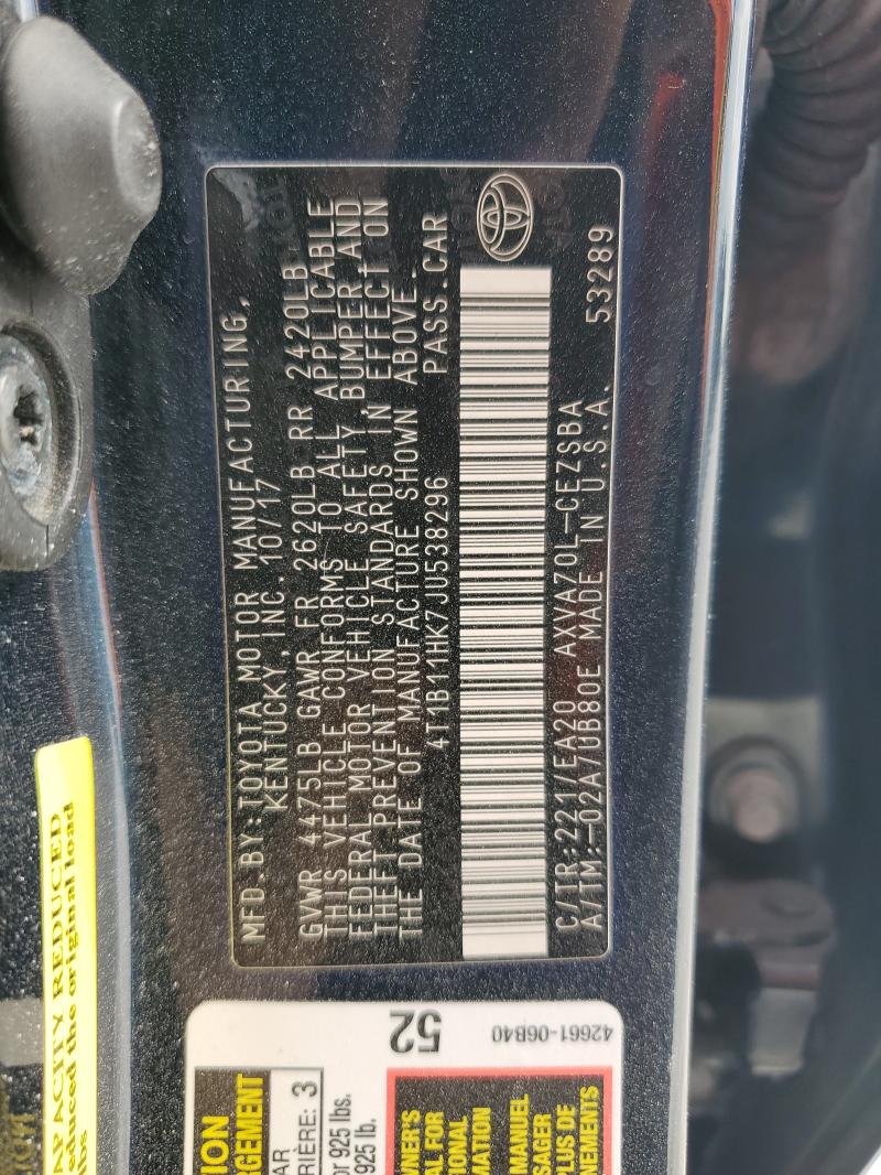 4T1B11HK7JU538296 - 2018 TOYOTA CAMRY L BLACK photo 12