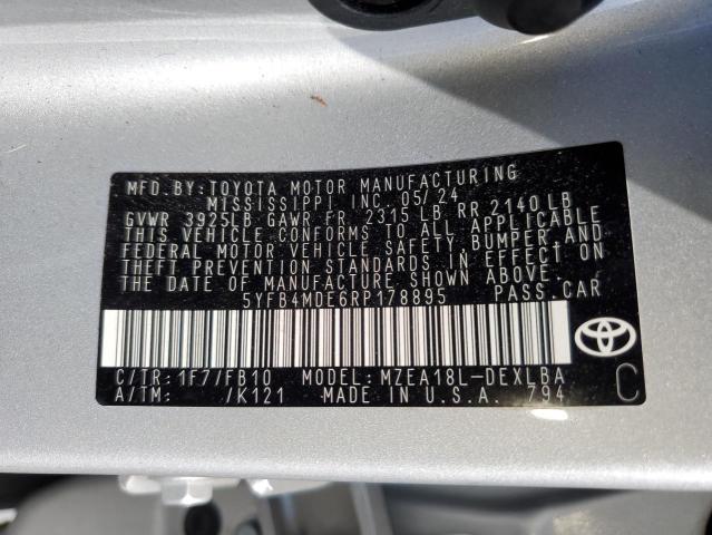 5YFB4MDE6RP178895 - 2024 TOYOTA COROLLA LE ვერცხლისფერი ფოტო 12