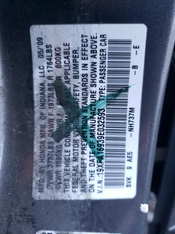 19XFA16939E032593 - 2009 HONDA CIVIC EXL ნაცრისფერი ფოტო 12