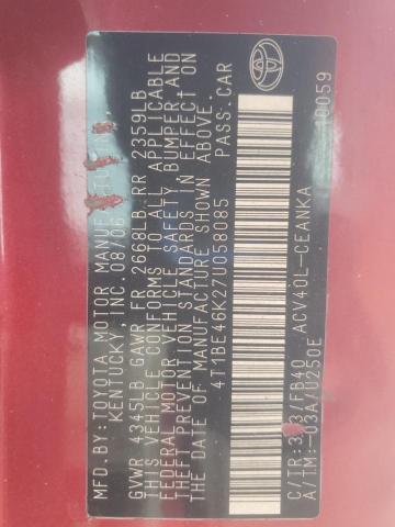 4T1BE46K27U058085 - 2007 TOYOTA CAMRY CE RED photo 12