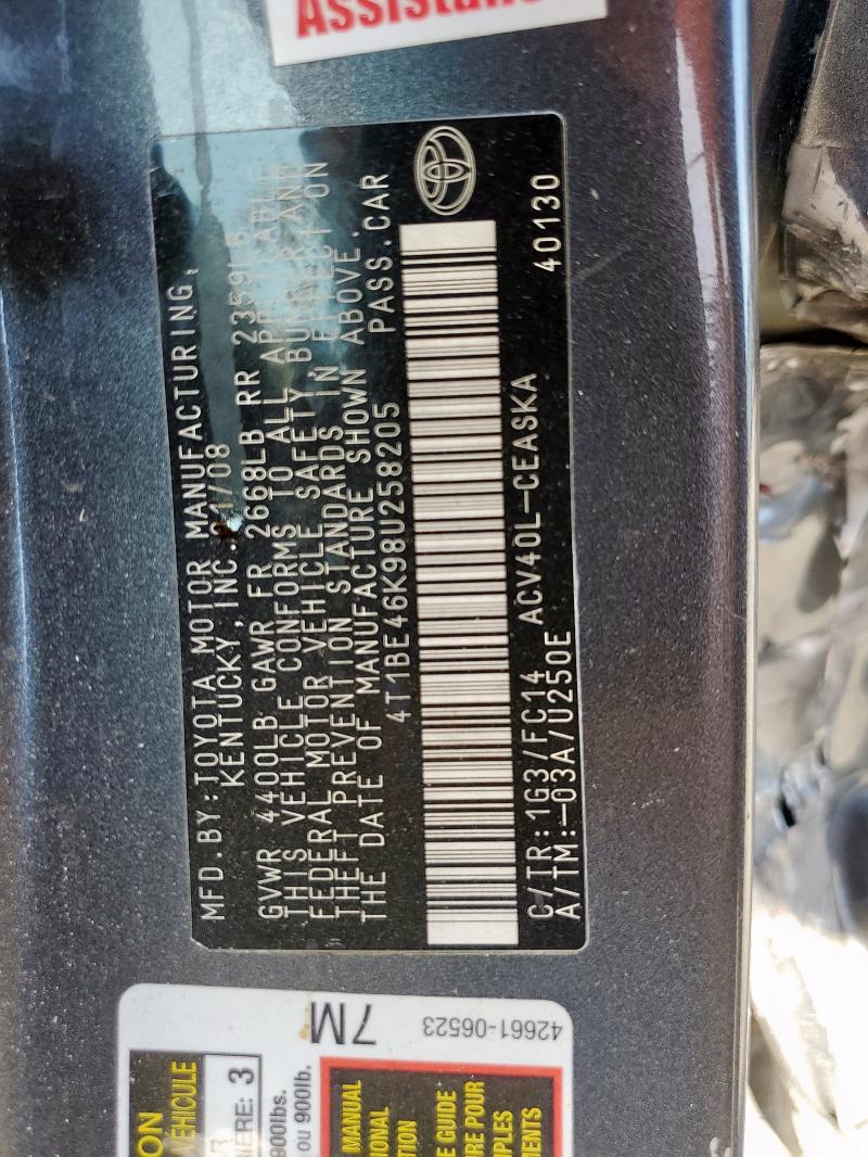 4T1BE46K98U258205 - 2008 TOYOTA CAMRY CE GRAY photo 12