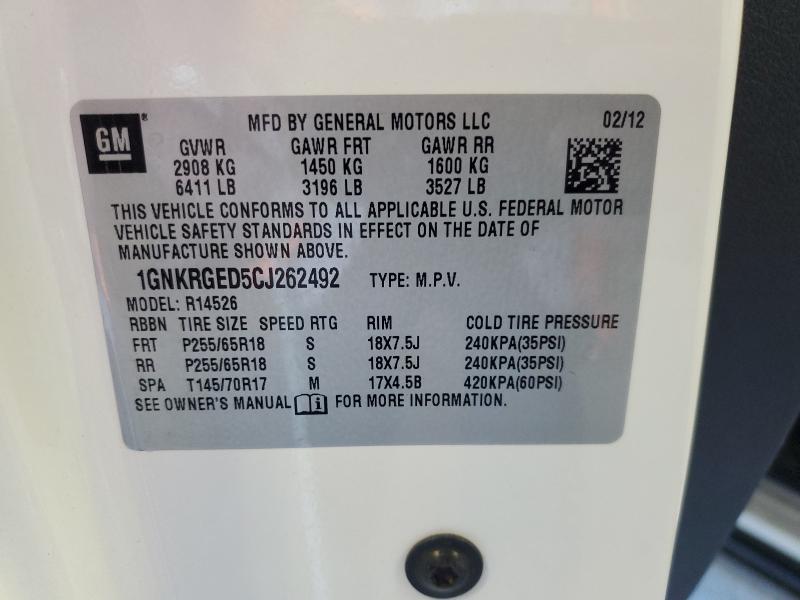 1GNKRGED5CJ262492 - 2012 CHEVROLET TRAVERSE LT WHITE photo 14