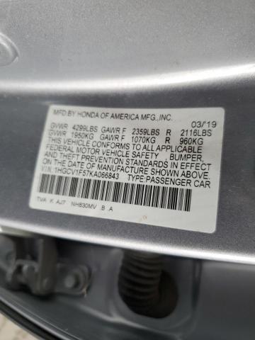 1HGCV1F57KA066843 - 2019 HONDA ACCORD EXL Gümüş fotoğraf 12