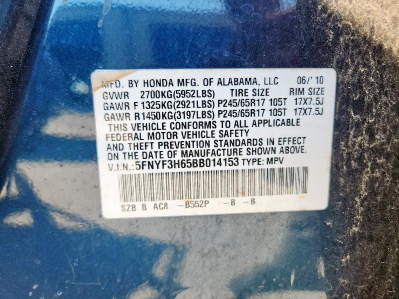 5FNYF3H65BB014153 - 2011 HONDA PILOT EXL BLUE photo 13