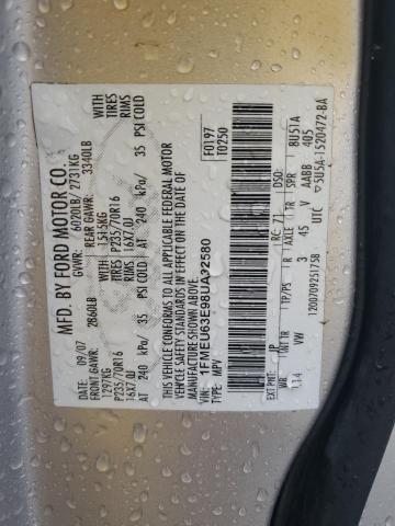 1FMEU63E98UA32580 - 2008 FORD EXPLORER XLT Plata foto 13