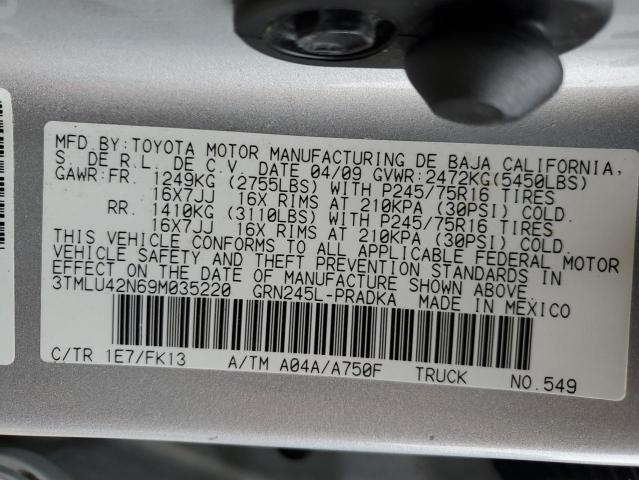 3TMLU42N69M035220 - 2009 TOYOTA TACOMA DOUBLE CAB SILVER photo 12