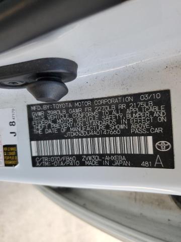 JTDKN3DU4A0147660 - 2010 TOYOTA PRIUS თეთრი ფოტო 12