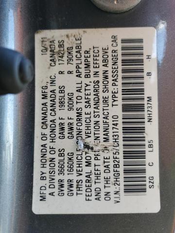 2HGFB2F57CH317410 - 2012 HONDA CIVIC LX GRAY photo 13