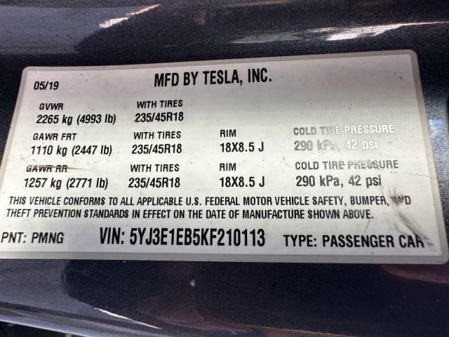 5YJ3E1EB5KF210113 - 2019 TESLA MODEL 3 灰色 照片 10