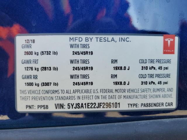 5YJSA1E22JF296101 - 2018 TESLA MODEL S BLUE photo 13
