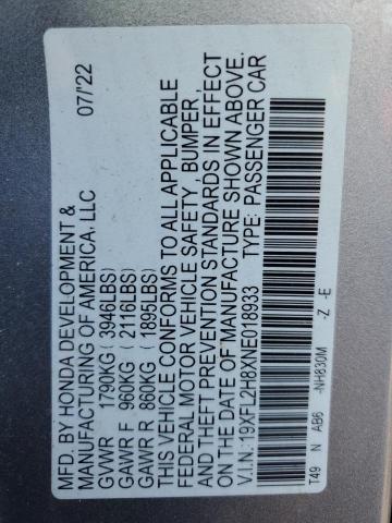 19XFL2H8XNE018933 - 2022 HONDA CIVIC SPORT SILVER photo 12