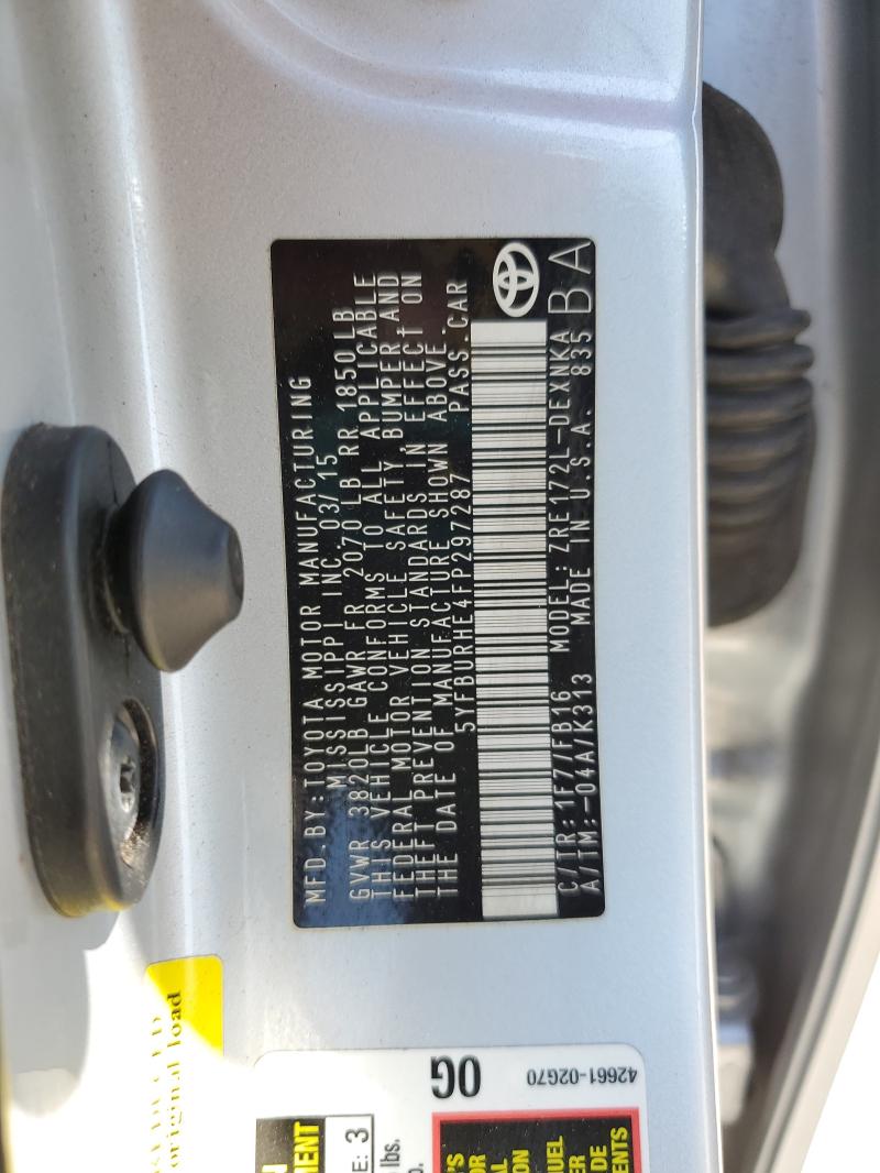 5YFBURHE4FP297287 - 2015 TOYOTA COROLLA L SILVER photo 12