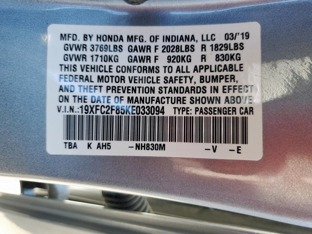 19XFC2F85KE033094 - 2019 HONDA CIVIC SPORT SILVER photo 12