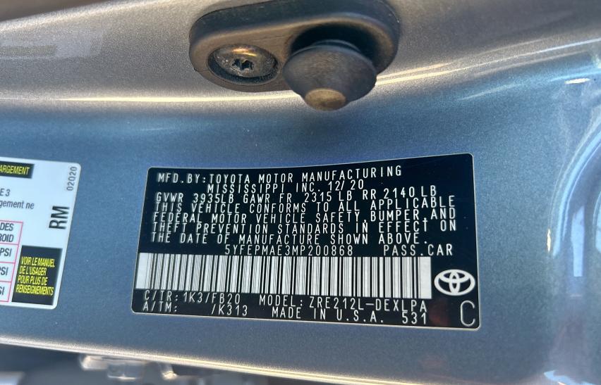 5YFEPMAE3MP200868 - 2021 TOYOTA COROLLA LE BLUE photo 10