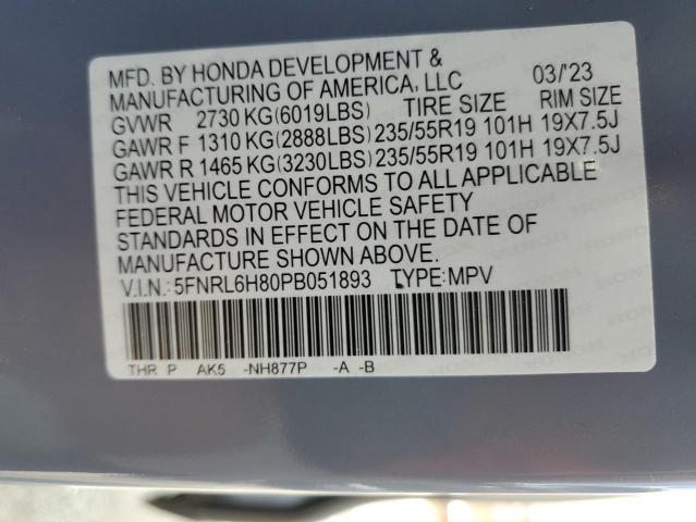 5FNRL6H80PB051893 - 2023 HONDA ODYSSEY TOURING BLUE photo 14