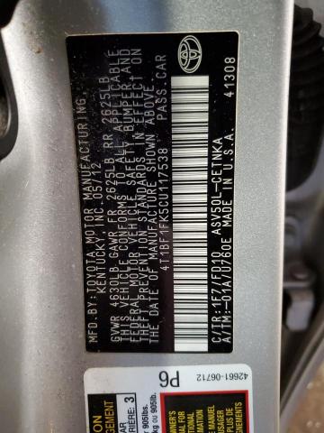 4T1BF1FK5CU117538 - 2012 TOYOTA CAMRY BASE SILVER photo 12