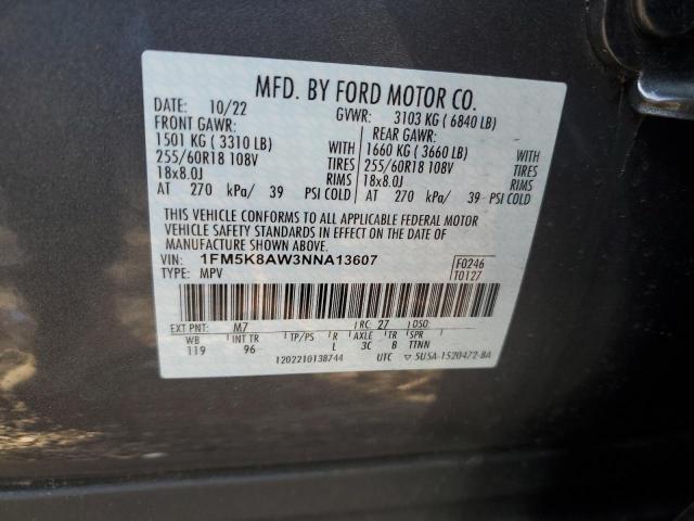 1FM5K8AW3NNA13607 - 2022 FORD EXPLORER POLICE INTERCEPTOR ნაცრისფერი ფოტო 13