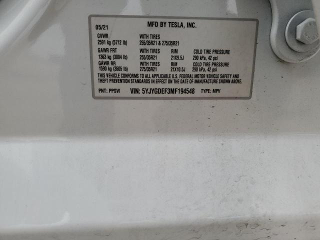 5YJYGDEF3MF194548 - 2021 TESLA MODEL Y WHITE photo 12
