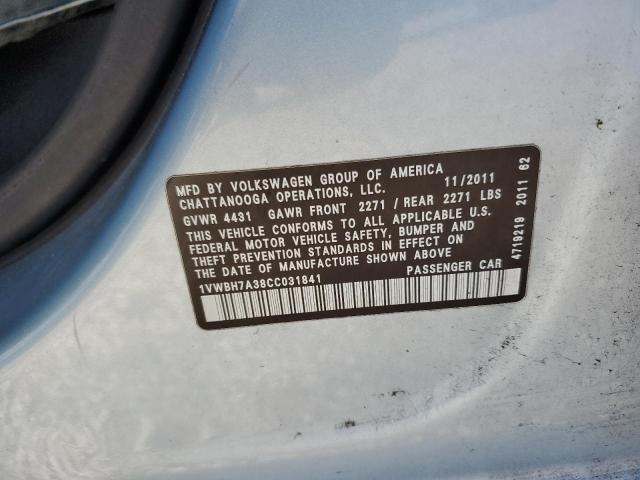 1VWBH7A38CC031841 - 2012 VOLKSWAGEN PASSAT SE BLUE photo 12