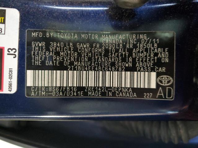 2T1BU4EE4BC648782 - 2011 TOYOTA COROLLA LE BASE BLUE photo 13