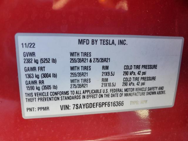 7SAYGDEF6PF616366 - 2023 TESLA MODEL Y RED photo 13