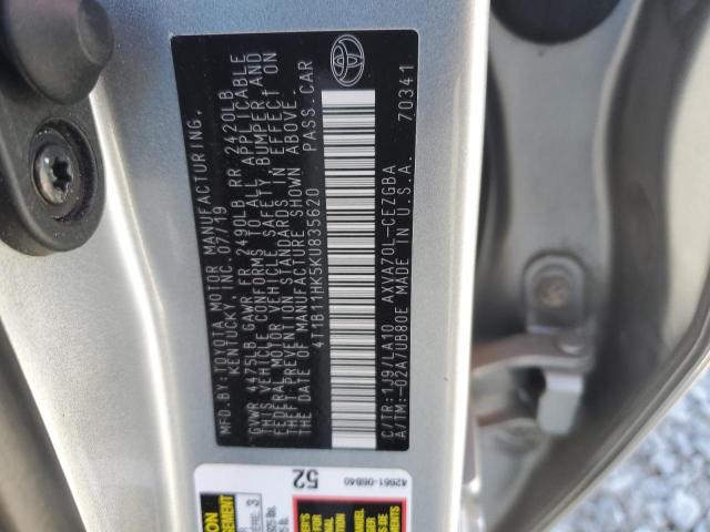 4T1B11HK5KU835620 - 2019 TOYOTA CAMRY L ვერცხლისფერი ფოტო 12
