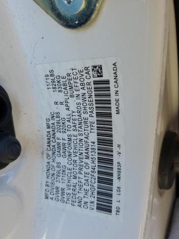 2HGFC2F84LH513814 - 2020 HONDA CIVIC SPORT თეთრი ფოტო 12