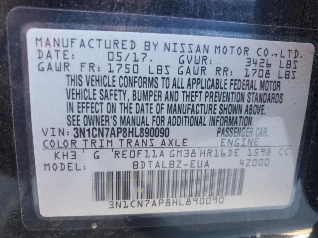 3N1CN7AP8HL890090 - 2017 NISSAN VERSA S BLACK photo 12